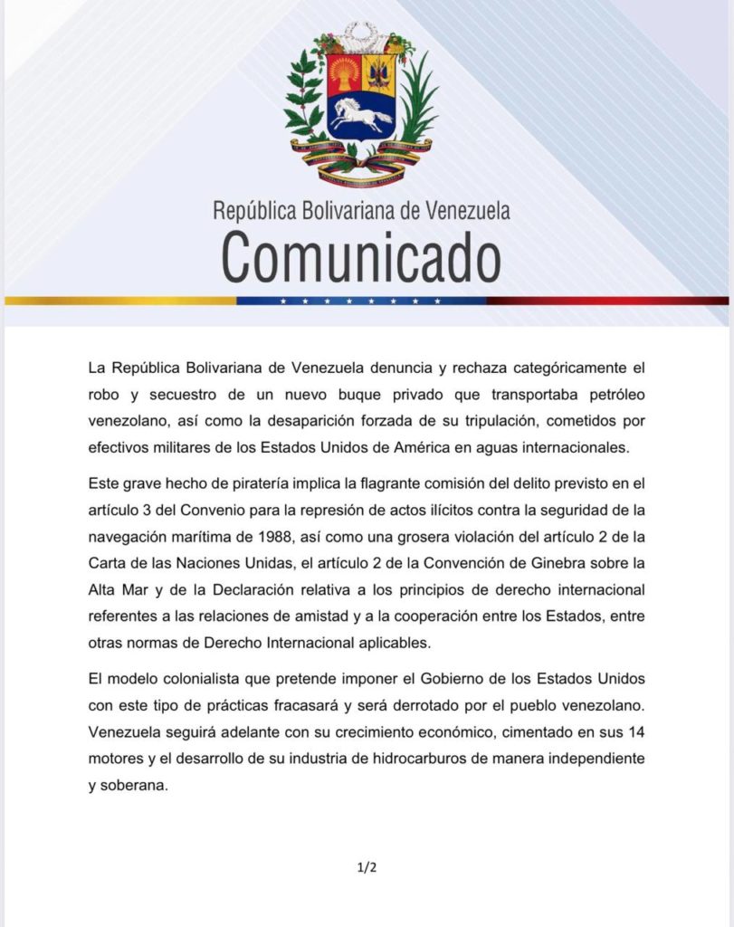 Gobierno venezolano se pronuncia en comunicado contra confiscación de buque petrolero