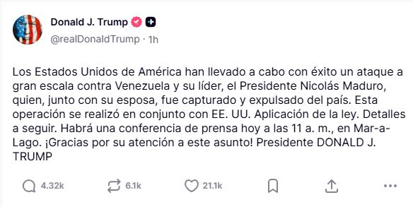 Trump anuncia captura del Presidente venezolano, Nicolás Maduro