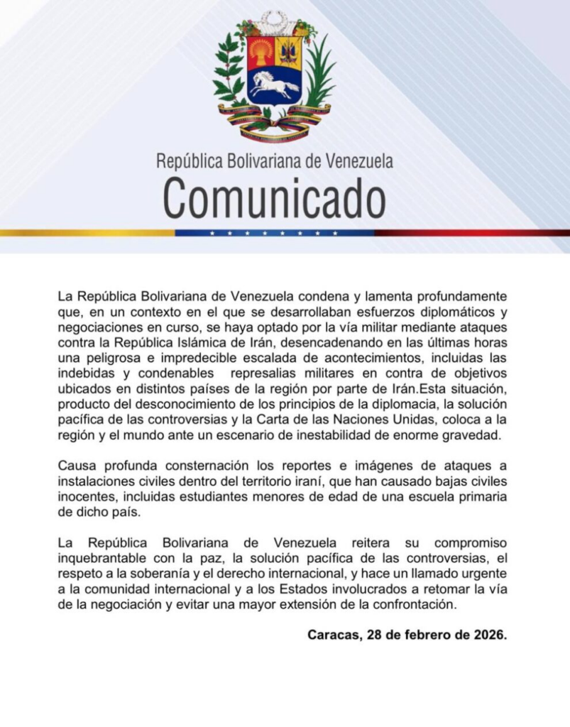Comunicado oficial de la Republica Bolivariana de Venezuela ante la crisis EEUU-Irán