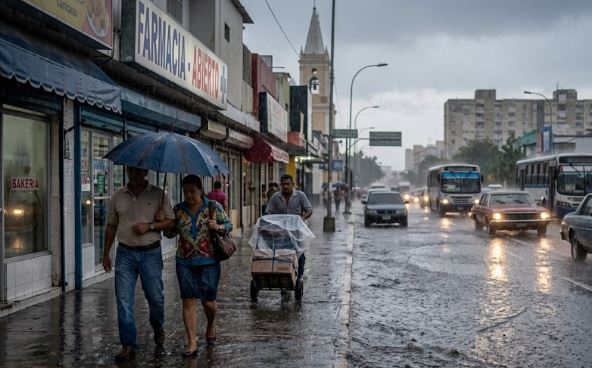 Calles y tránsito vehicular en Maracaibo durante una intensa precipitación